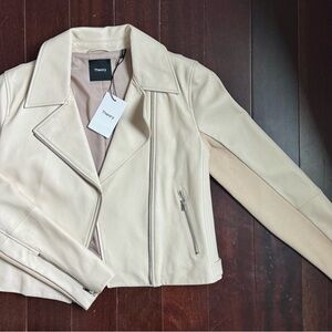 Theory Cream Leather Moto Jacket with Zip Details